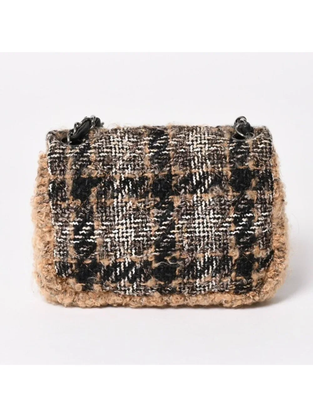 Chanel Mini Square Flap Shoulder Bag Tweed Leather Beige Silver